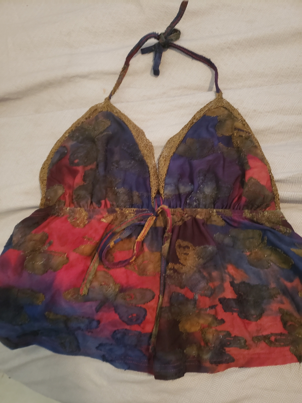 Forever 21 Multicolor Butterfly Lace-Trim Halter Crop Top - Blue, Red, Purple